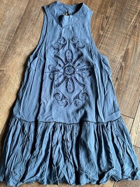 Lulu's Blue Sleeveless Embroidered Mini Dress